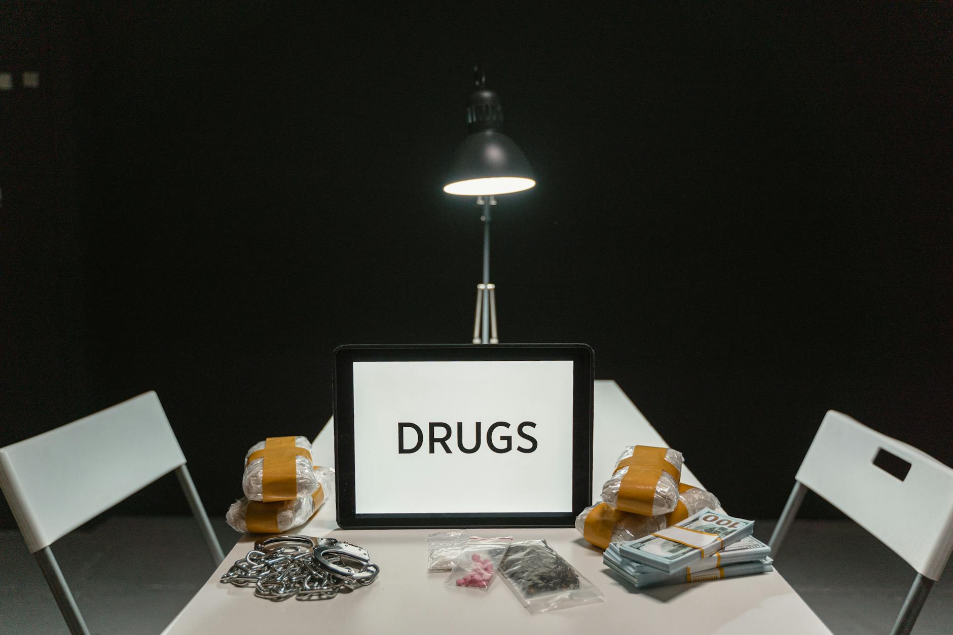 Napis DRUGS w ciemnym pomieszczeniu otoczony pieniędzmi i narkotykami